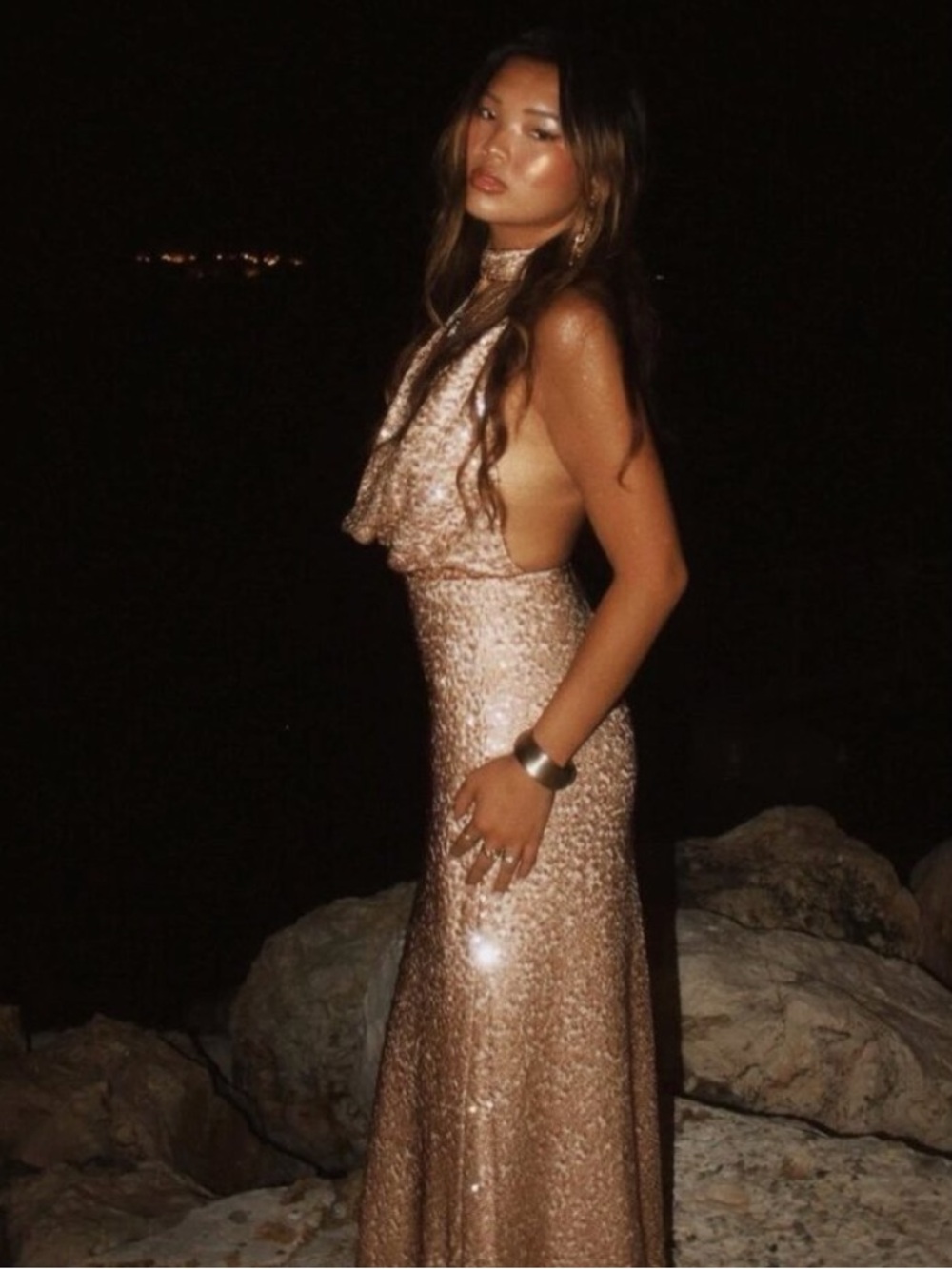 Zara Sequin Mesh Halter Neck Maxi Dress NWT Rose Gold Champagne Size Small - Picture 4 of 10